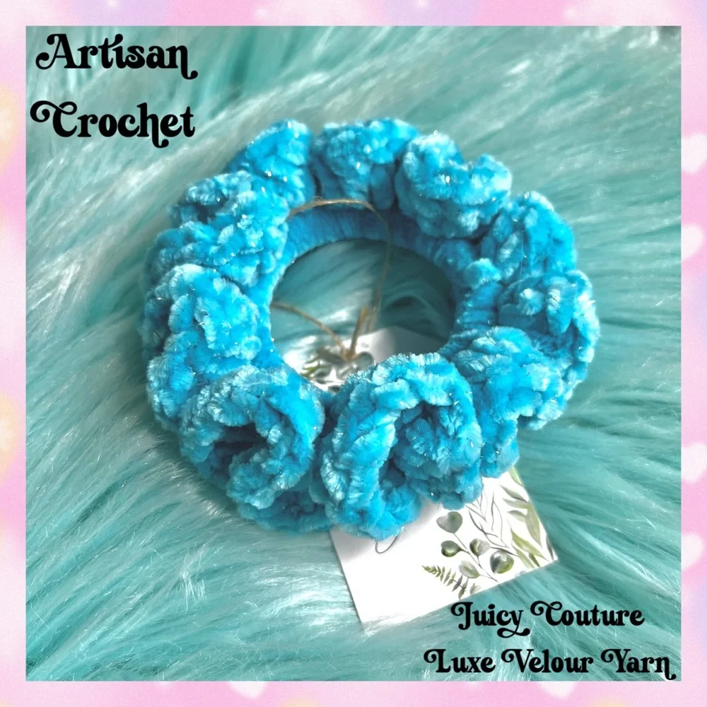 Handmade VELVET Ice Blue Crochet Scrunchie Sparkle Large Hair Tie PinkRainCloud